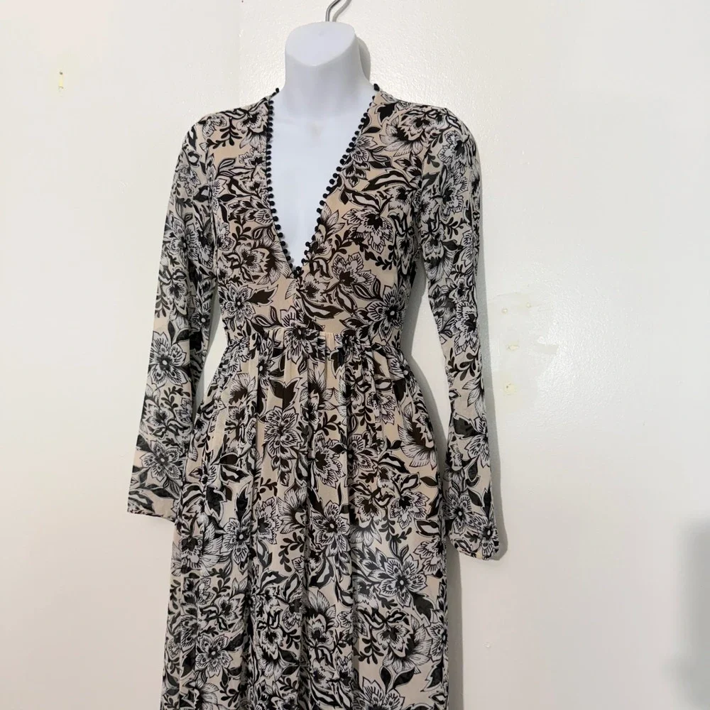 For Love & Lemons Maxi Dress Womens XS Black Cream Floral Pom Pom Bodysuit